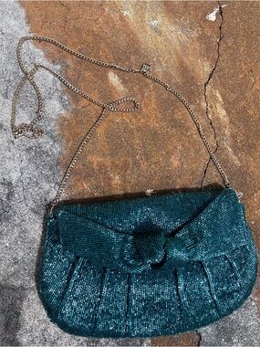 New Maeve Anthropologie Teal Beaded Bow Clutch with Chain Crossbody Strap